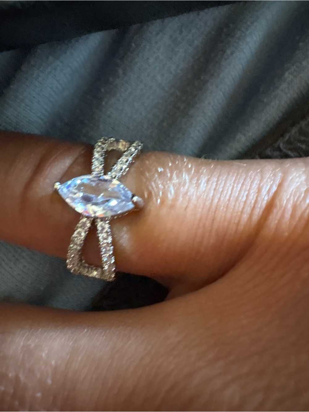 Silver pear crystal shaped engagement ring